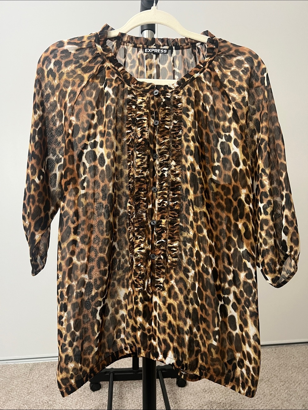 Express Leopard-Print Ruffle Front Blouse - Brown